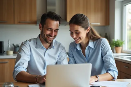 Jeune couple souriant devant documents de prêt immobilier