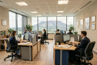 Bureau d'un courtier en assurance dans le Puy-de-Dôme avec conseillers au travail et vue sur le paysage auvergnat