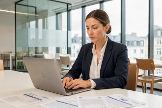 Credit manager européenne analysant des données financières dans un bureau moderne, compétences en gestion du crédit 2026