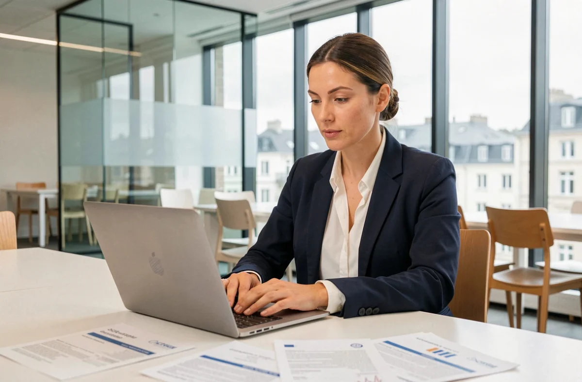 Credit manager européenne analysant des données financières dans un bureau moderne, compétences en gestion du crédit 2026