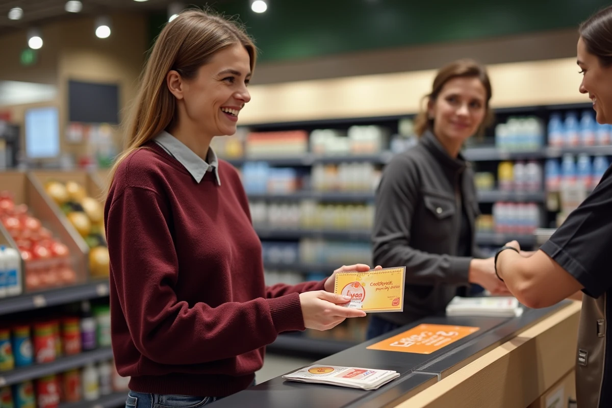 Femme utilisant un chèque Cadhoc à la caisse d'un supermarché avec une promotion en cours