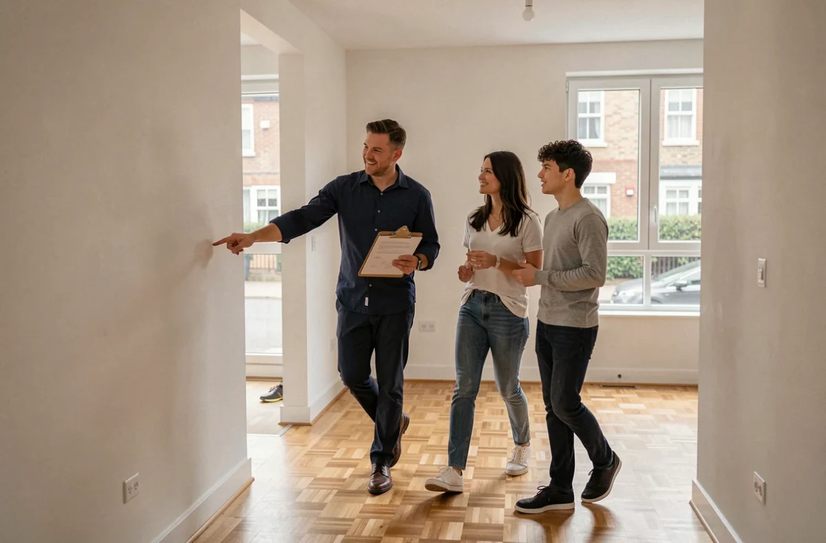 Consultant DBI Patrimoine faisant visiter un appartement locatif clé en main à des investisseurs