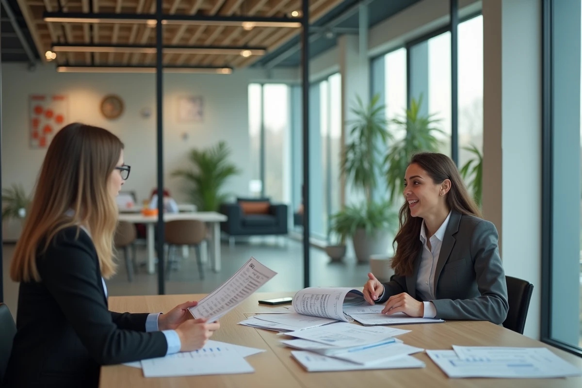Jeune femme discute de salaires avec un collègue dans un bureau moderne