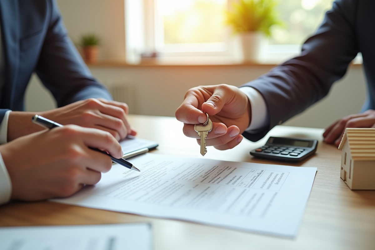 Main échangeant des clés et signant un contrat de prêt immobilier