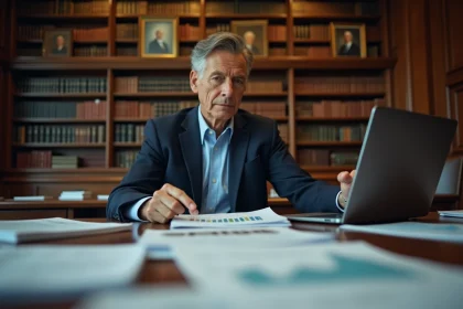 Économiste en costume analysant des graphiques budgétaires gouvernementaux dans une salle de réunion institutionnelle, illustrant la politique keynésienne