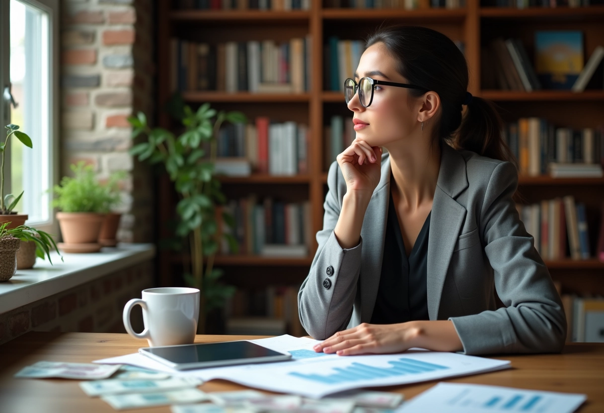 Jeune économiste dans un bureau chaleureux avec devises et tablette