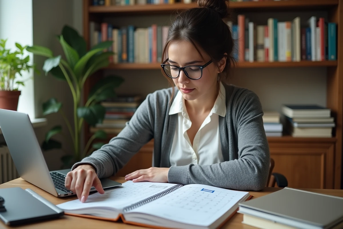 Enseignante consultant son calendrier de paie 2026 à son bureau à domicile, pointant une date de virement entourée au stylo bleu