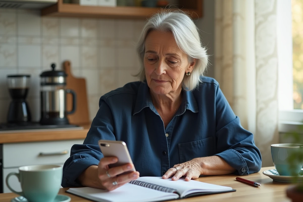 Enseignante vérifiant la date de virement de son salaire sur son application bancaire avec un agenda 2026 ouvert sur la table de cuisine