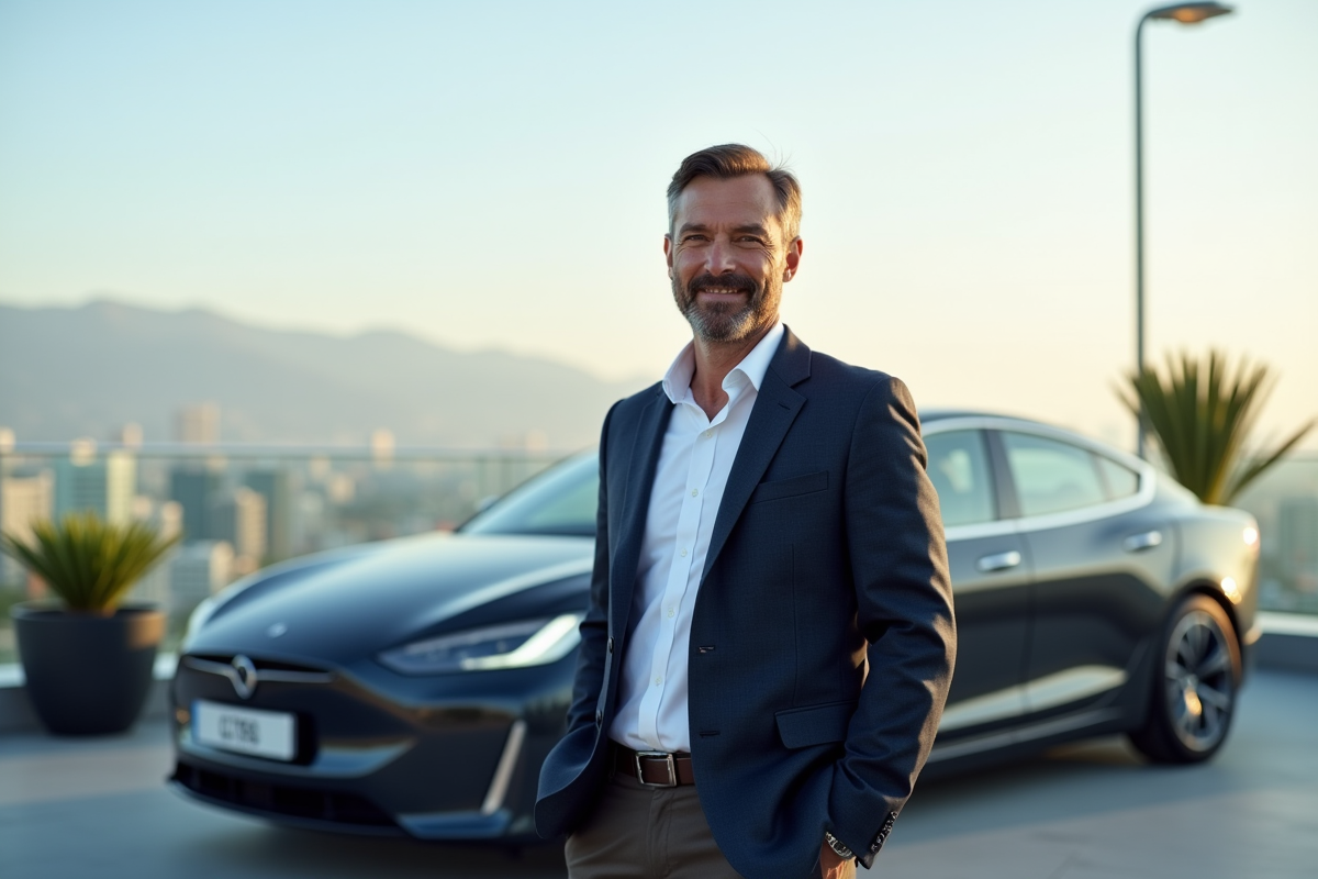 Entrepreneur devant une voiture électrique sur un toit