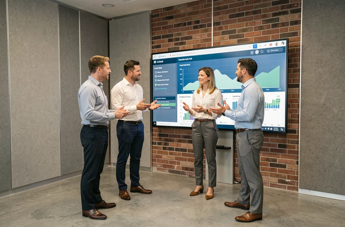 Équipe de credit managers discutant de tableaux de bord de risque crédit européen lors d'une formation professionnelle