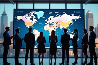 Groupe de professionnels autour d'un écran mondial en entreprise