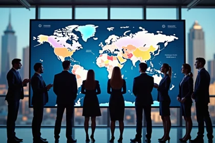 Groupe de professionnels autour d'un écran mondial en entreprise