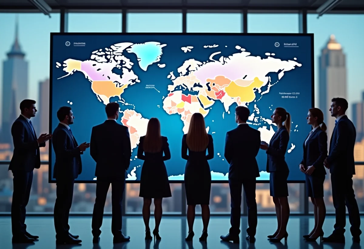 Groupe de professionnels autour d'un écran mondial en entreprise