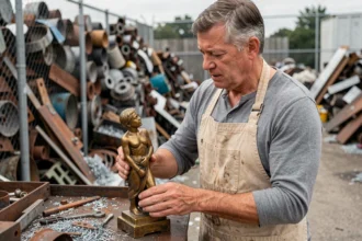 Expert en ferraille examinant une statue en bronze dans une casse métallurgique pour évaluer sa valeur au kilo