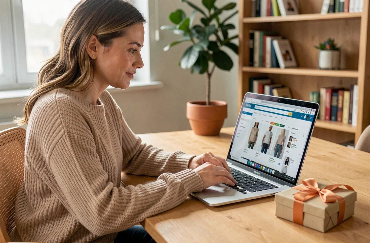 Femme utilisant une carte cadeau Bimpli sur Amazon pour acheter des cadeaux malins depuis son bureau à domicile
