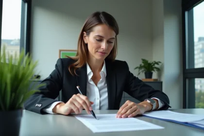 Femme d'affaires étudiant un contrat sur son bureau