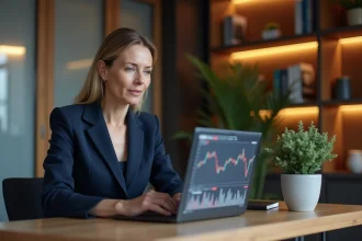 Femme analysant un investissement en actions Kering sur ordinateur portable dans un bureau moderne
