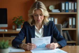 Femme examinant un relevé bancaire à son bureau, illustrant les questions sur le taux du livret A
