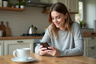 Femme consultant son application bancaire Crédit Agricole Vendée sur smartphone dans une cuisine moderne