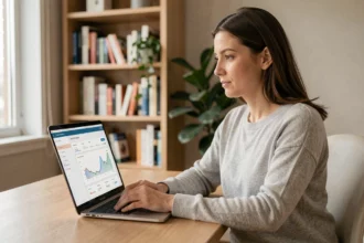 Femme utilisant une application bancaire en ligne depuis son bureau à domicile, illustrant la gestion financière numérique au quotidien