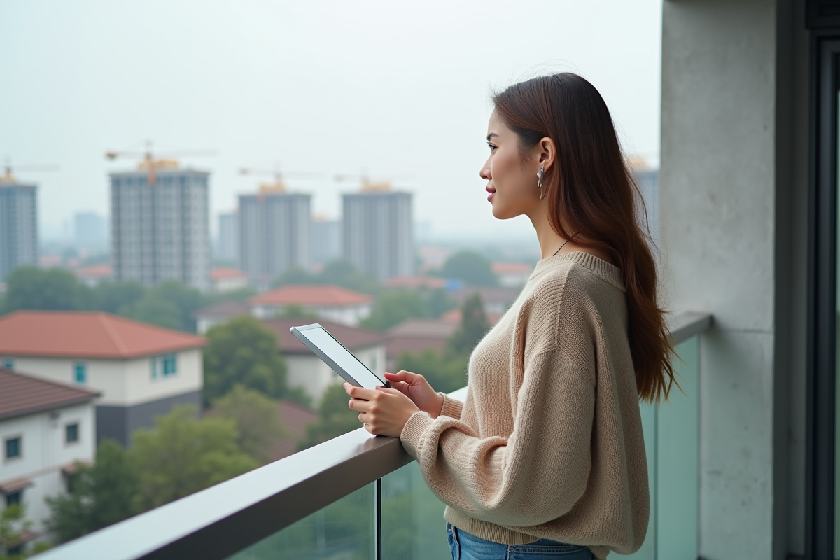 Jeune femme sur un balcon avec vue sur la ville