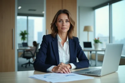 Femme professionnelle en bureau moderne avec documents bancaires