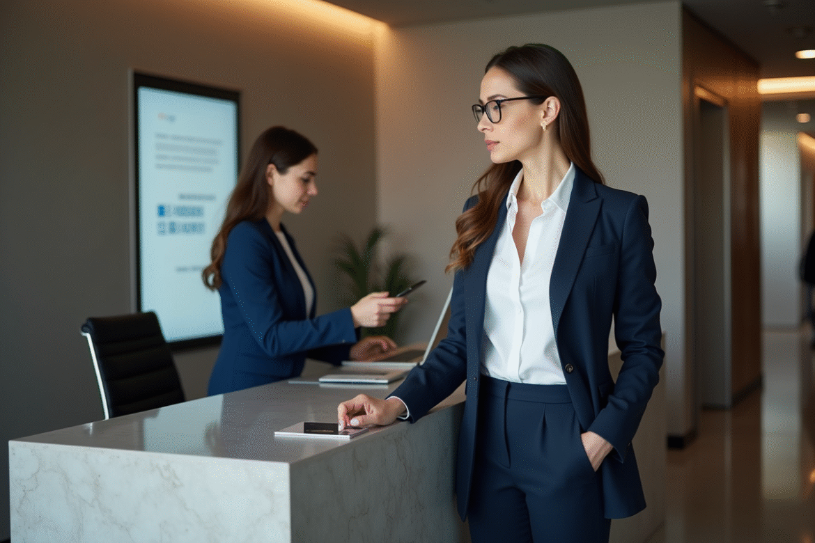 Femme en costume avec carte bancaire dans une banque moderne