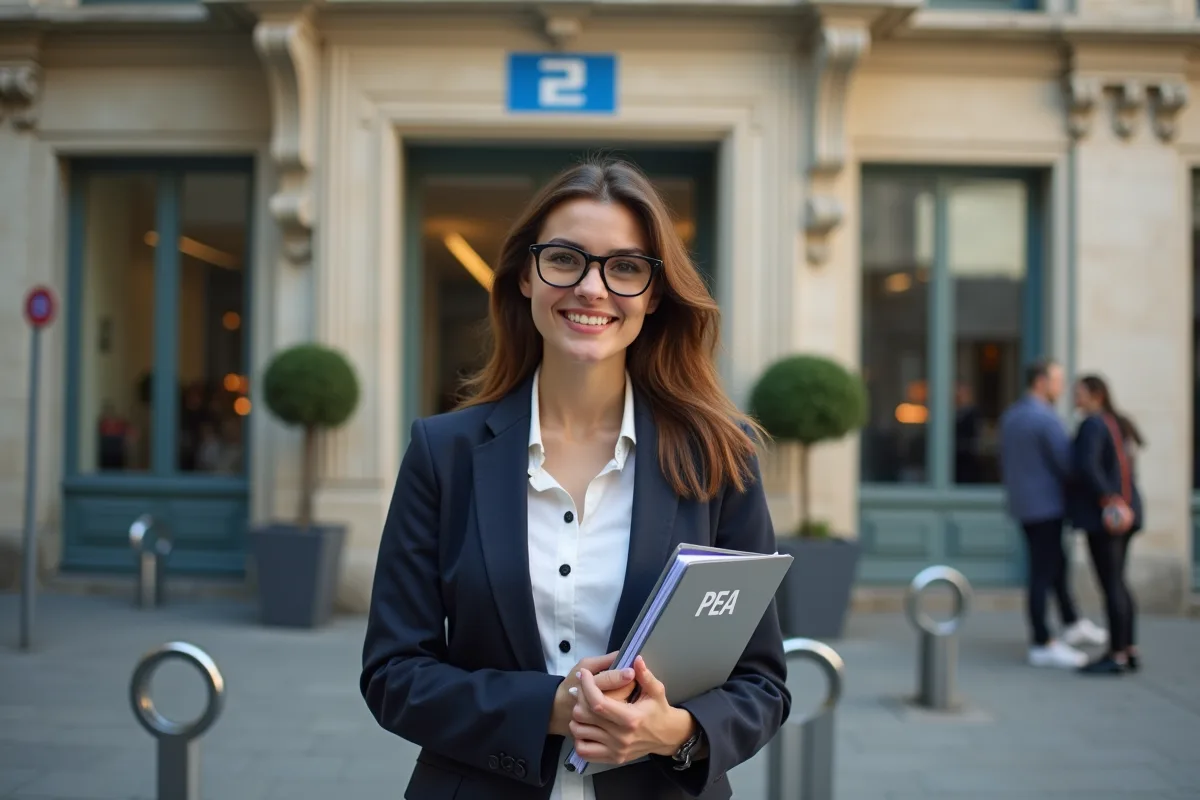 Jeune femme souriante devant une banque en extérieur avec un dossier PEA
