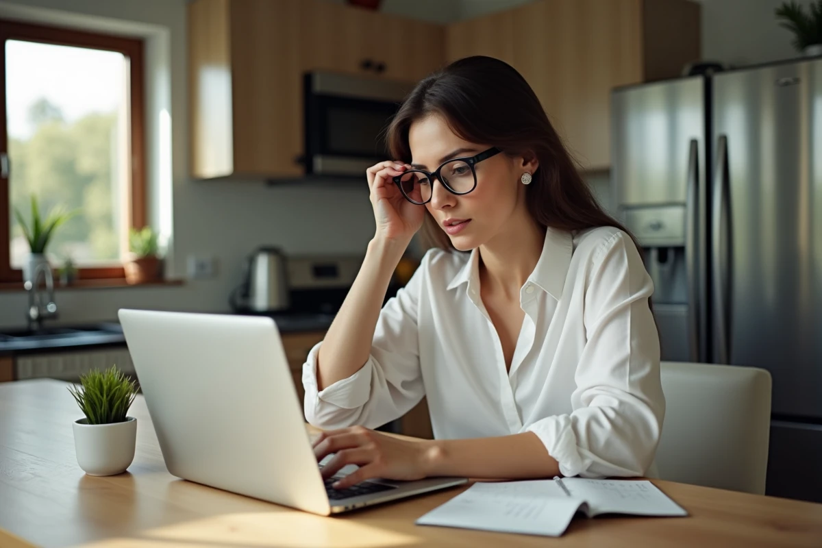 Femme utilisant son ordinateur pour vérifier ses finances à la maison