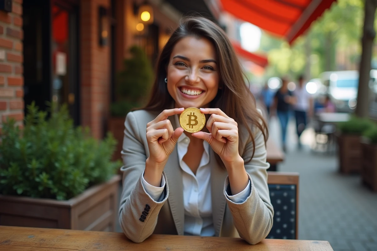 Jeune femme souriante tenant un bitcoin dans un café