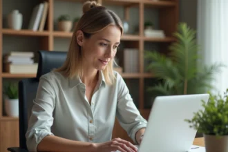 Femme d'affaires au bureau en ligne sur son ordinateur