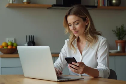 Femme d'âge moyen utilisant un smartphone et un ordinateur dans une cuisine moderne