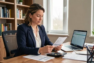 Femme au bureau consultant ses fiches de paie pour comparer salaire brut et net à temps partiel