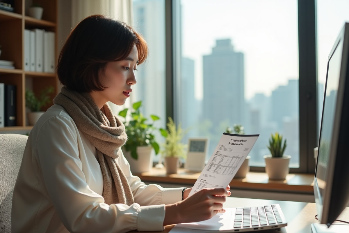 Jeune femme examine facture de taxe carbone dans son bureau