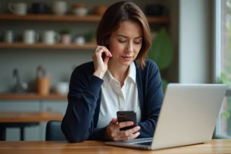 Femme d'âge moyen utilisant un ordinateur portable et smartphone