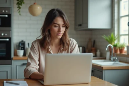 Jeune femme au bureau à domicile avec ordinateur
