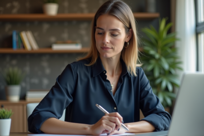 Femme concentrée travaillant sur un ordinateur dans un bureau moderne