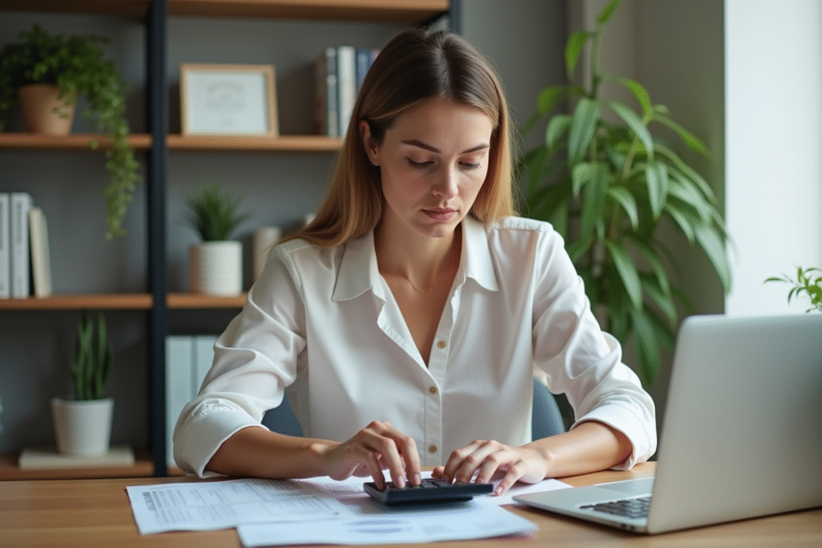 Femme d affaires au bureau avec calculatrice et relevés