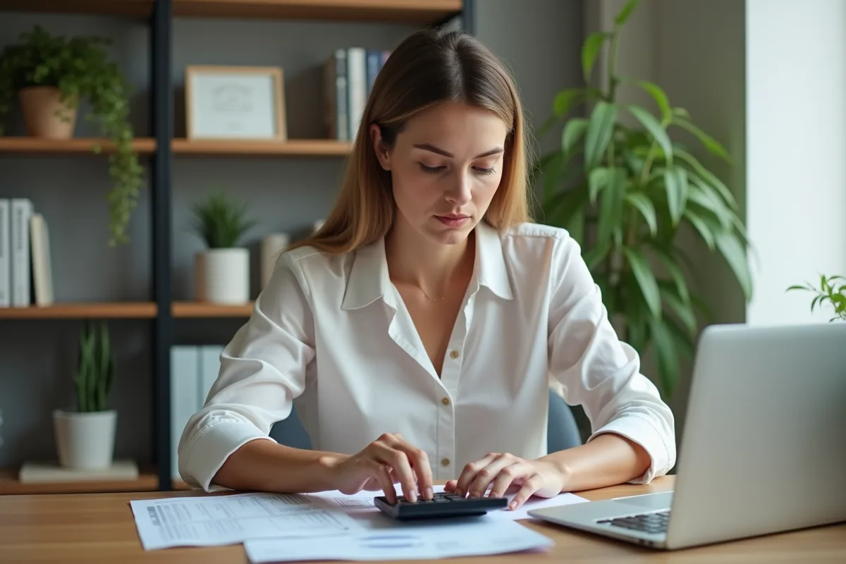 Femme d affaires au bureau avec calculatrice et relevés