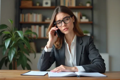 Femme en bureau moderne parlant au téléphone et prenant des notes
