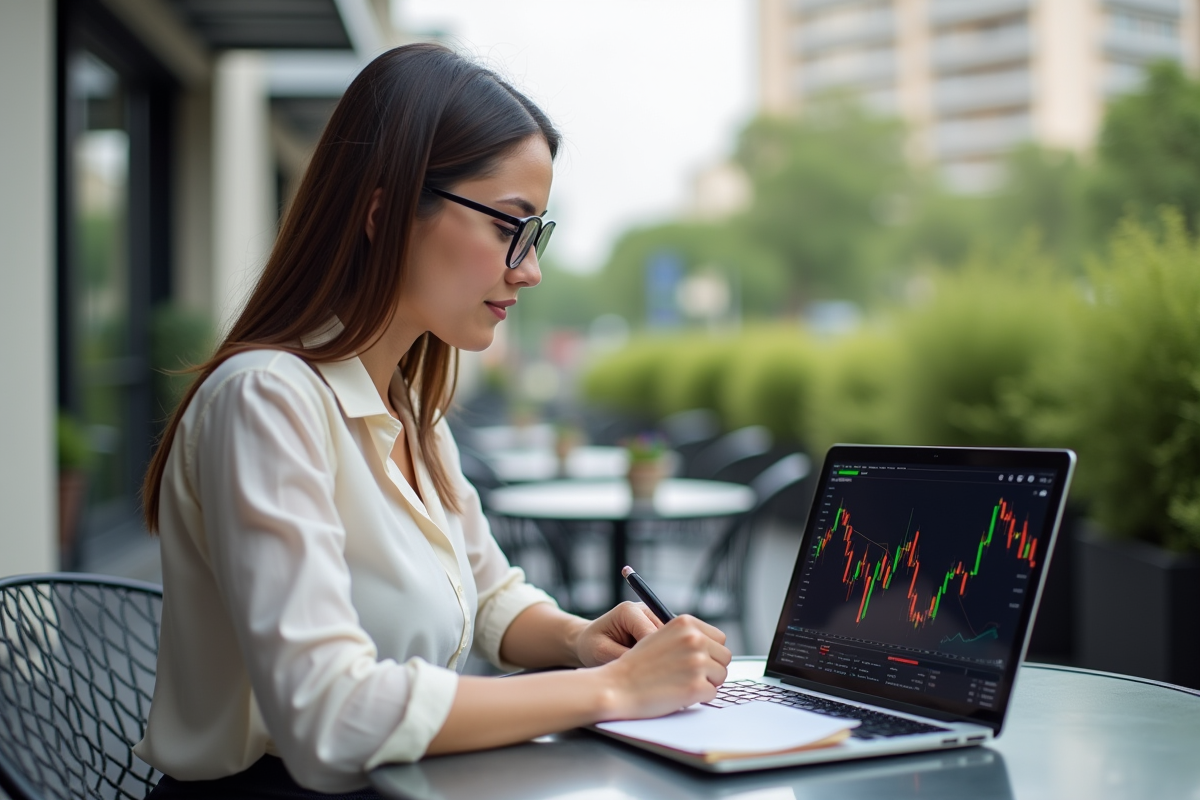 Jeune femme avec ordinateur portable sur une terrasse urbaine