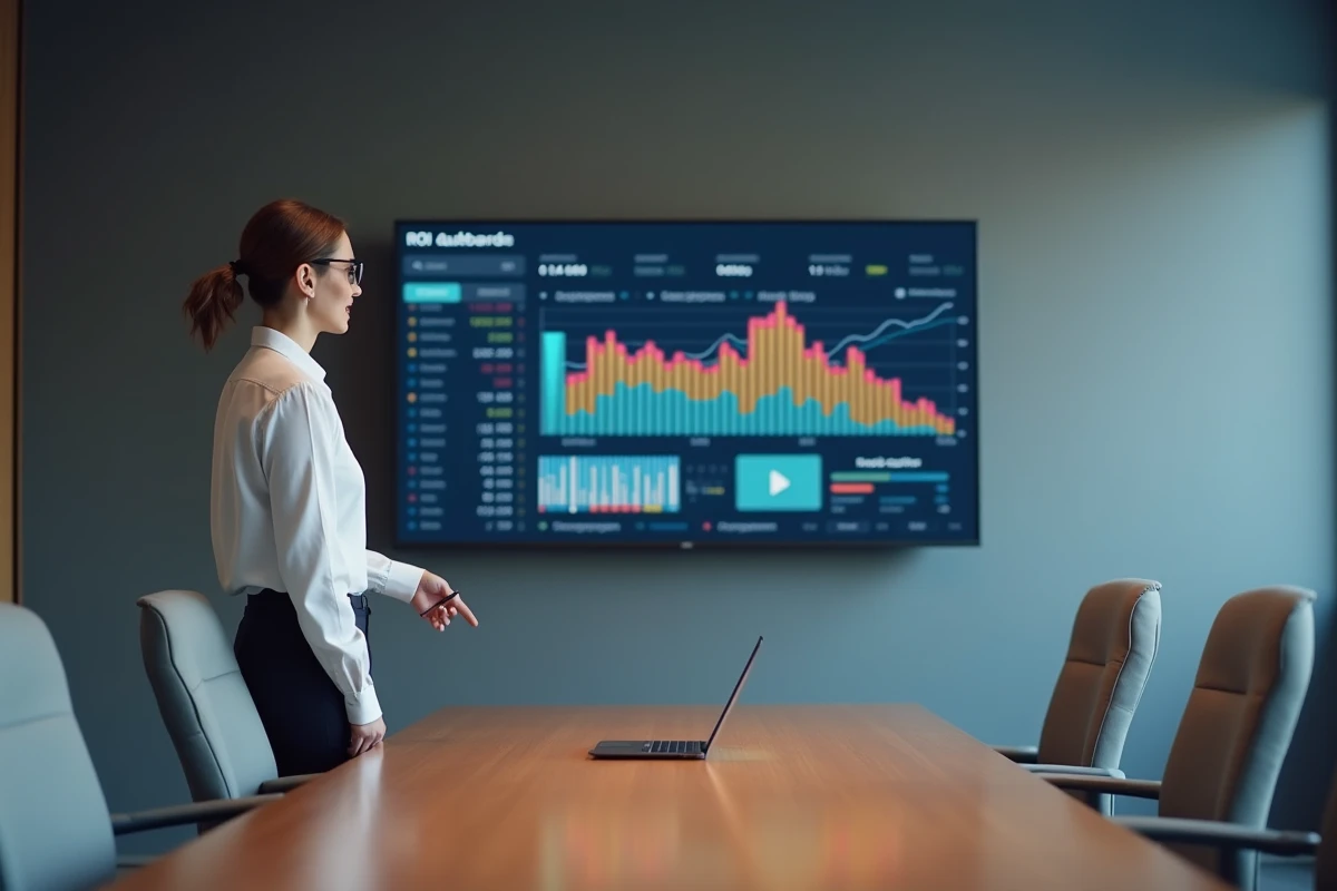 Femme cadre présentant un tableau de bord de rentabilité et de retour sur investissement lors d'une réunion d'entreprise