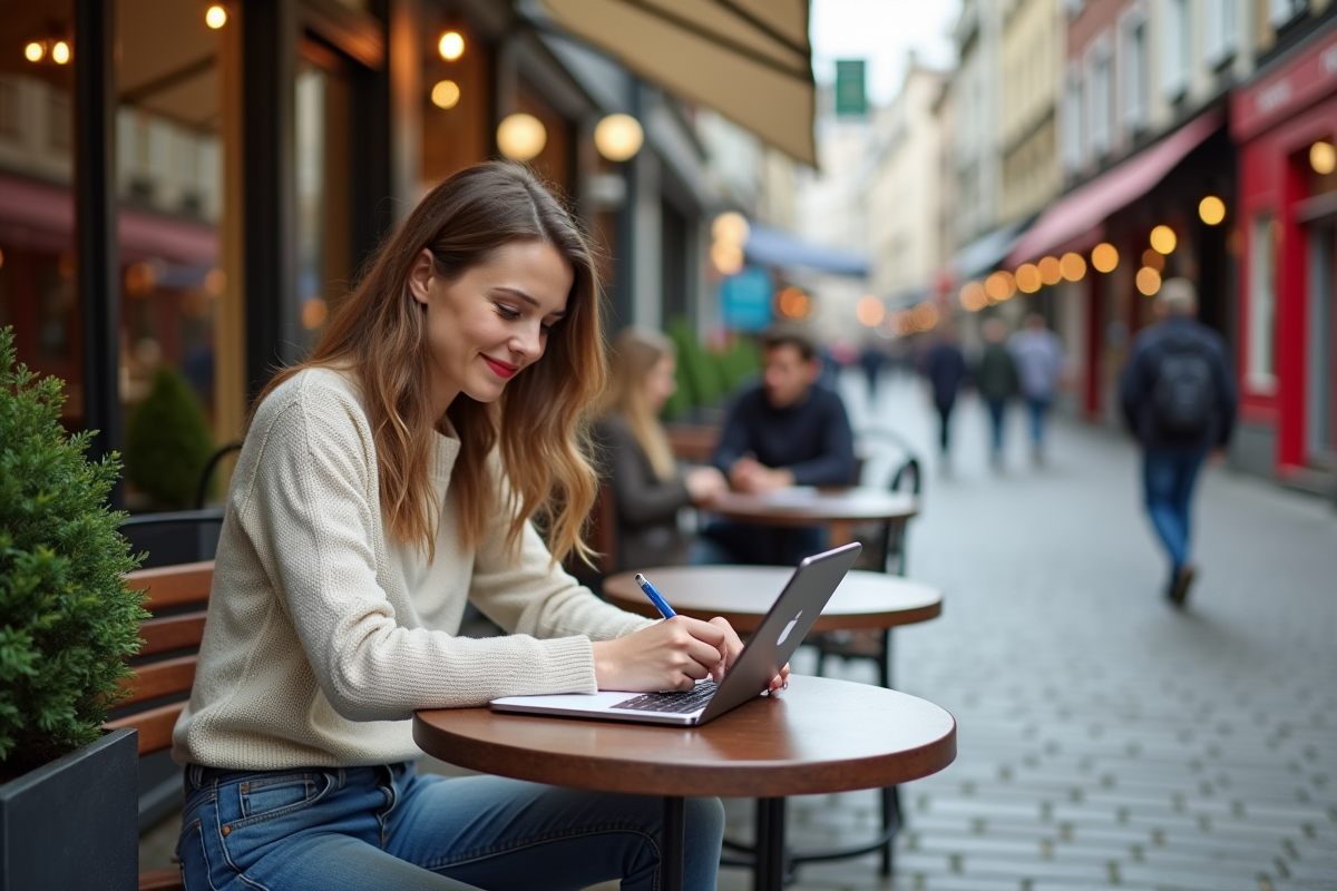 Femme assise dans un café en planification financière