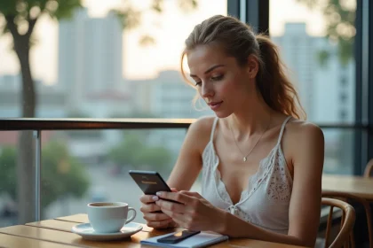 Femme assise au café concentrée sur son smartphone