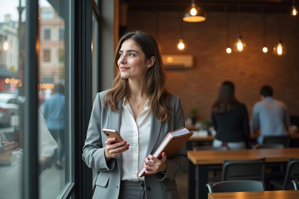 Jeune femme en café regardant son smartphone avec un sourire