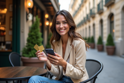 Femme souriante avec carte bancaire dans un café urbain