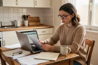 Femme consultant ses papiers de chômage et calculant son allocation au chômage avec un salaire de 1350 euros net