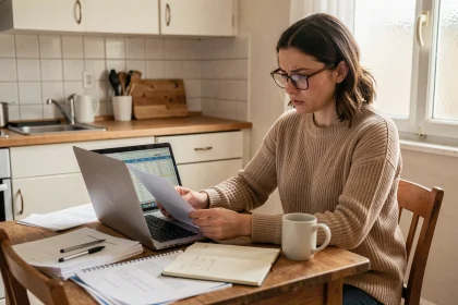 Femme consultant ses papiers de chômage et calculant son allocation au chômage avec un salaire de 1350 euros net
