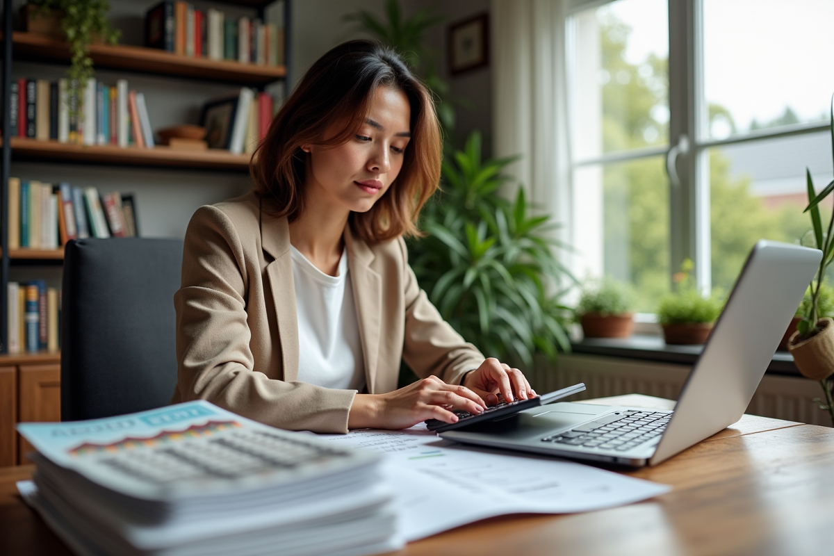 Femme en bureau calculant avec une calculatrice et brochures immobilières