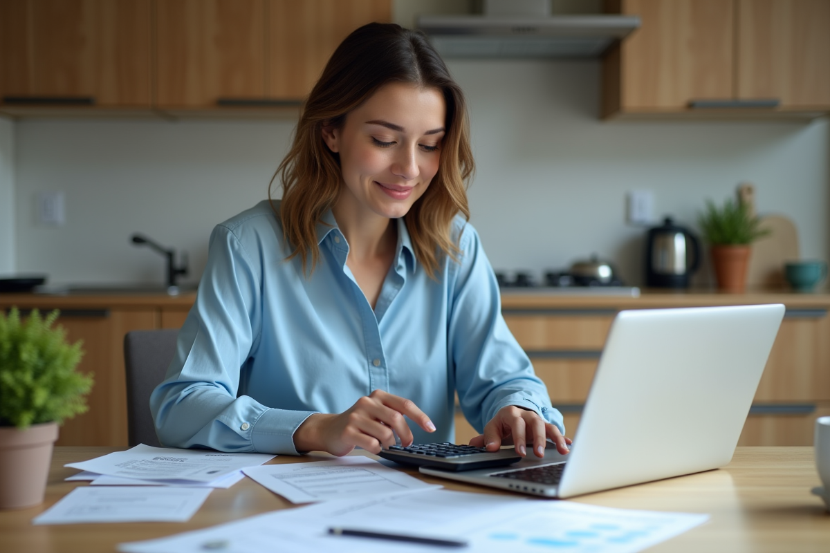 Jeune femme calculant ses dépenses avec calculatrice et ordinateur